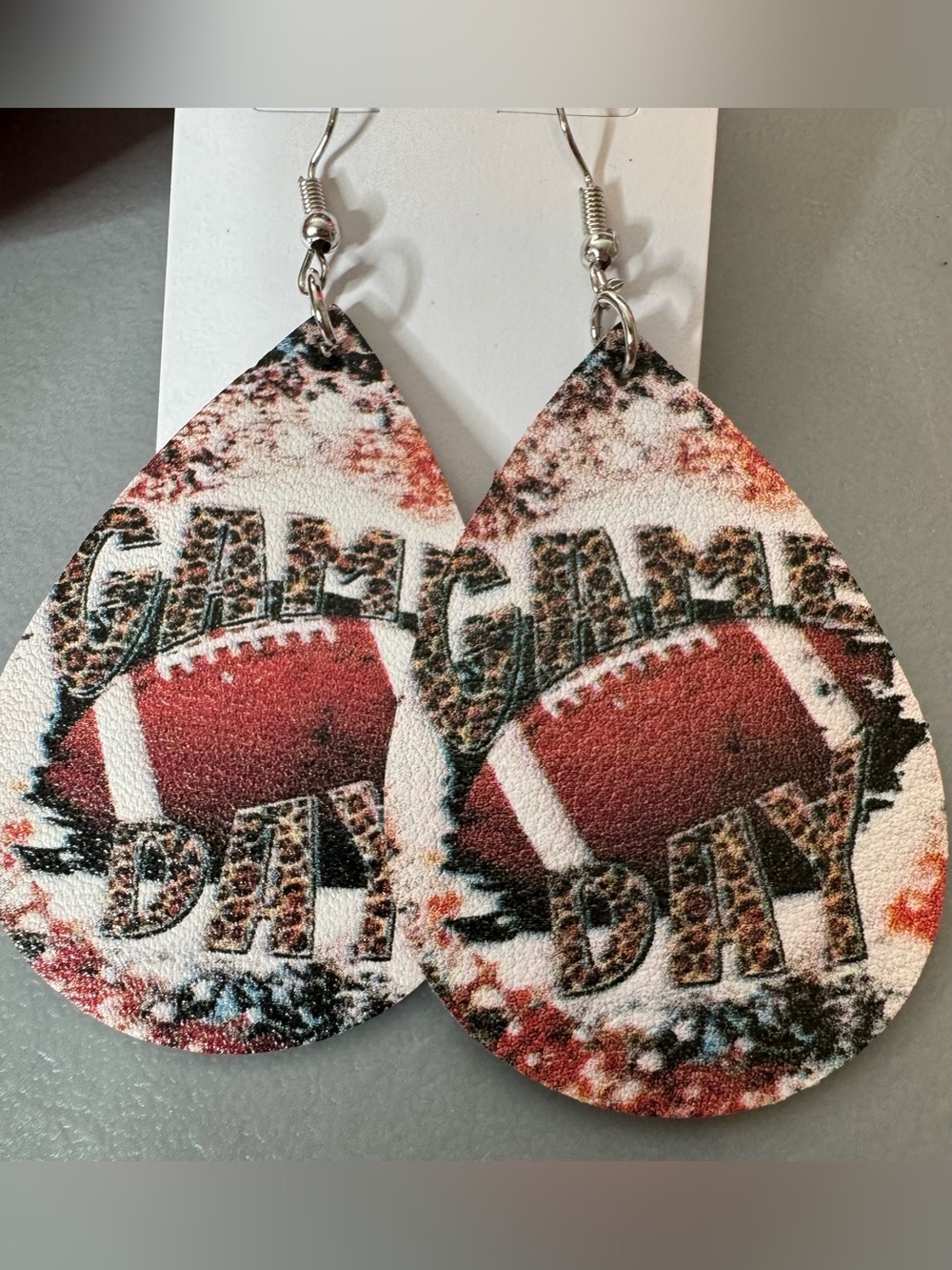 Teardrop Football 'Game Day' faux leather Print Earrings - Red, Brown, Cream